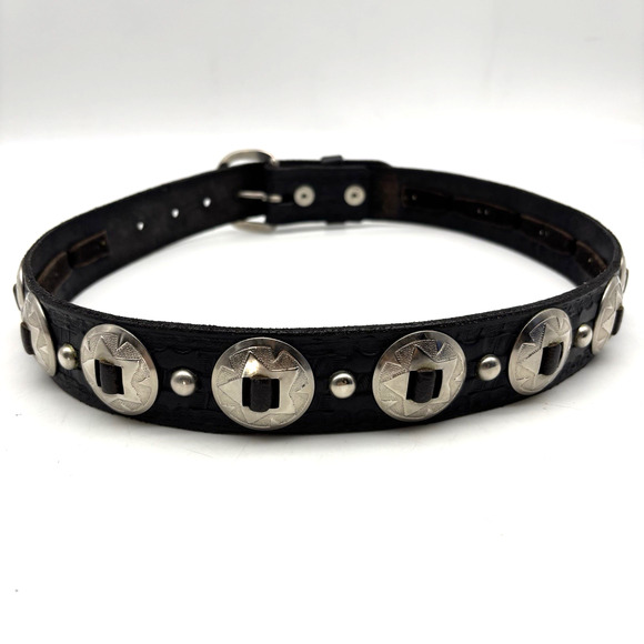 Vintage 80s Handmade Black Tooled Genuine Leather Studded Concho Belt 30-34" - Picture 6 of 16